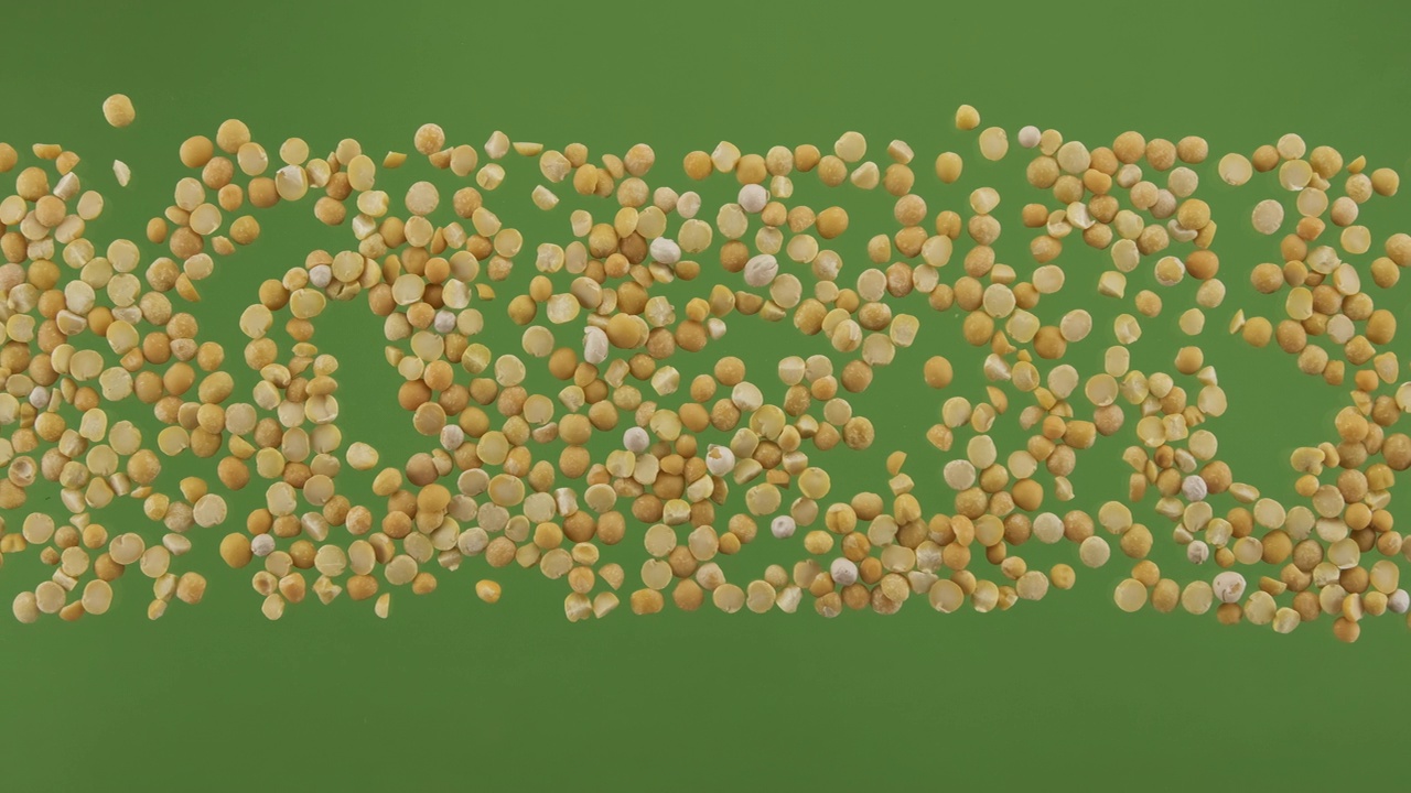 豌豆粒条纹孤立在绿屏上。俯视图视频下载