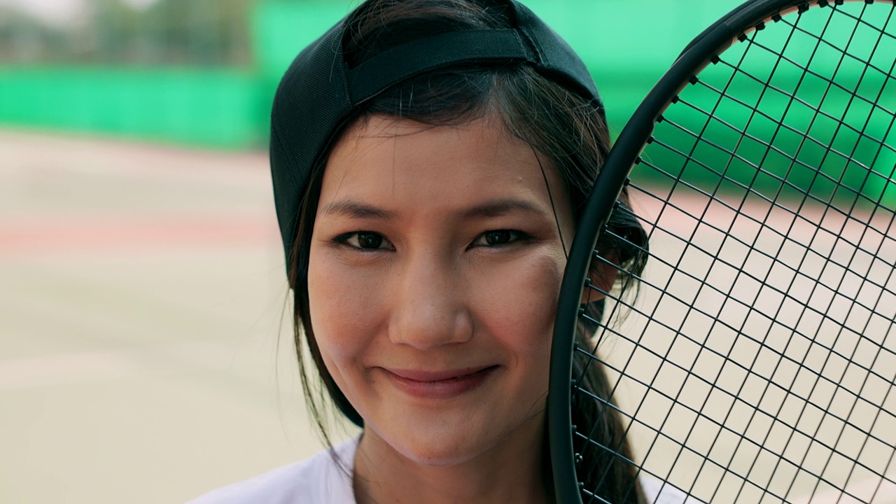 年轻女子网球场的肖像。幸福,微笑的表情。视频下载