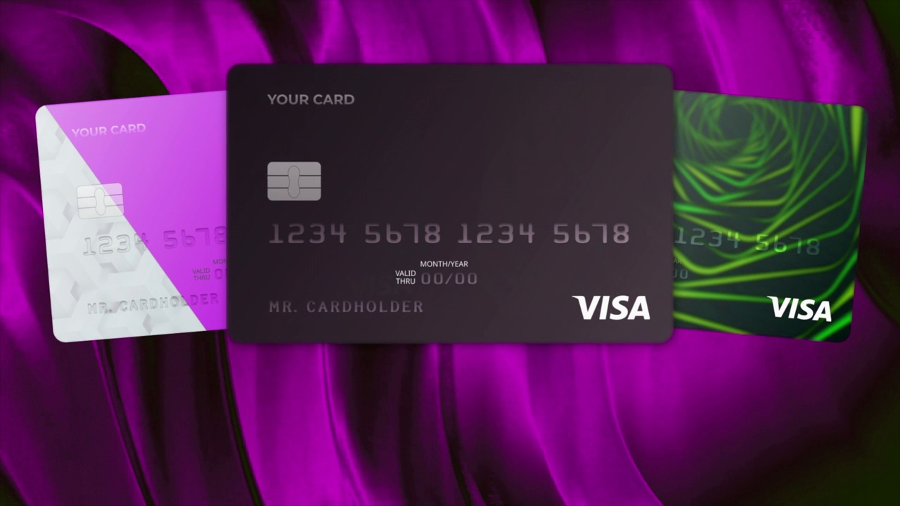 Visa银行卡动画在彩色背景。运动。在线购买和非接触式支付的概念视频下载