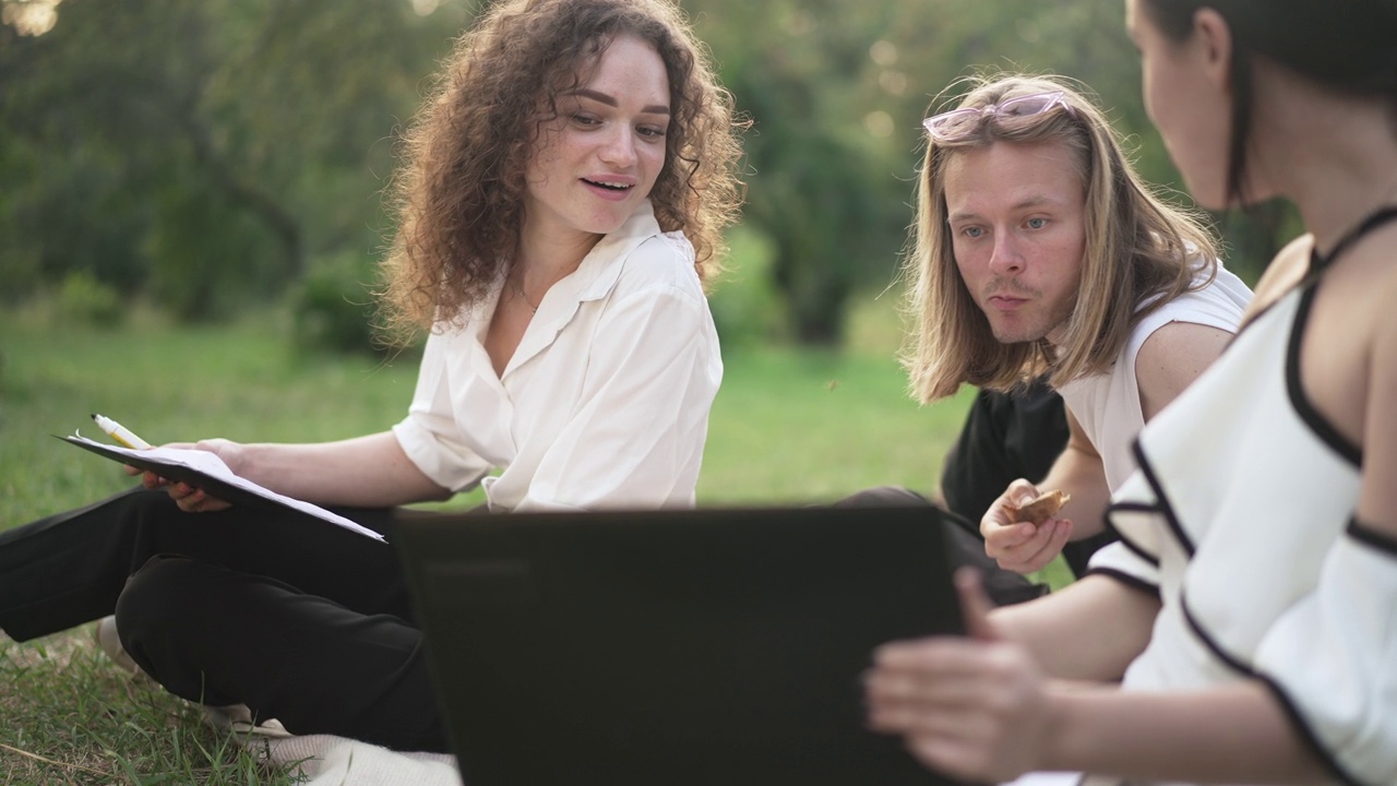 男男女女惊讶地听着同事用笔记本电脑展示电子商务的盈利能力。积极成功的高加索创业团队在公园户外野餐。视频下载