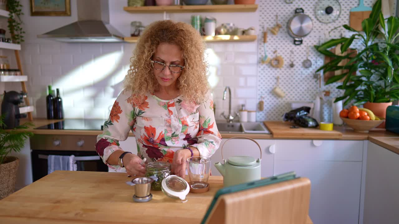一位女士在茶道上为自己准备了一杯新鲜的有机茶。视频下载