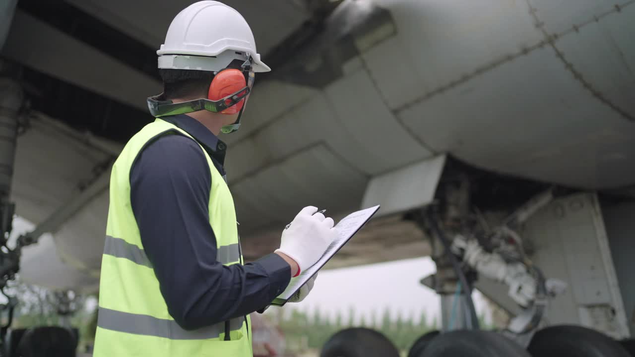 在机场跑道上起飞前，亚洲飞机维修技师穿着安全背心检查飞机的引擎清单视频下载