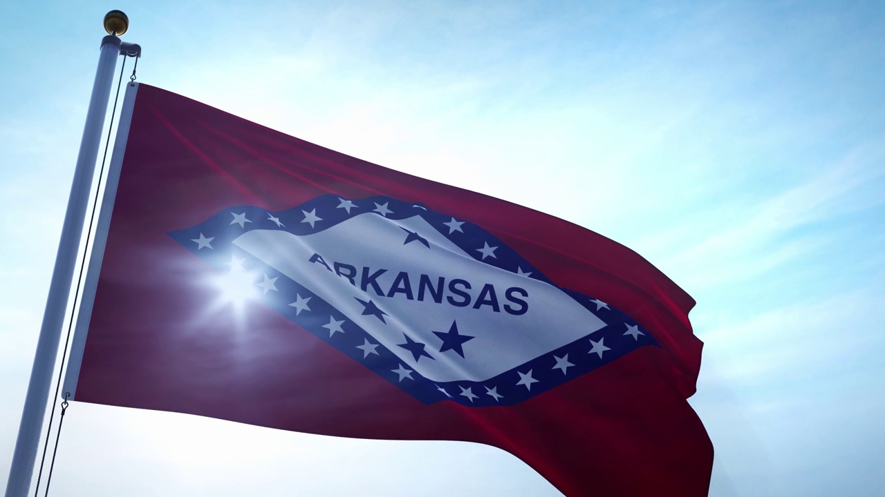 阿肯色州的旗帜在天空中飘扬。4 k的3 d动画。视频下载