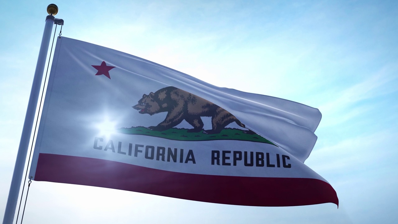 加利福尼亚的旗帜在天空中飘扬。4 k的3 d动画。视频素材