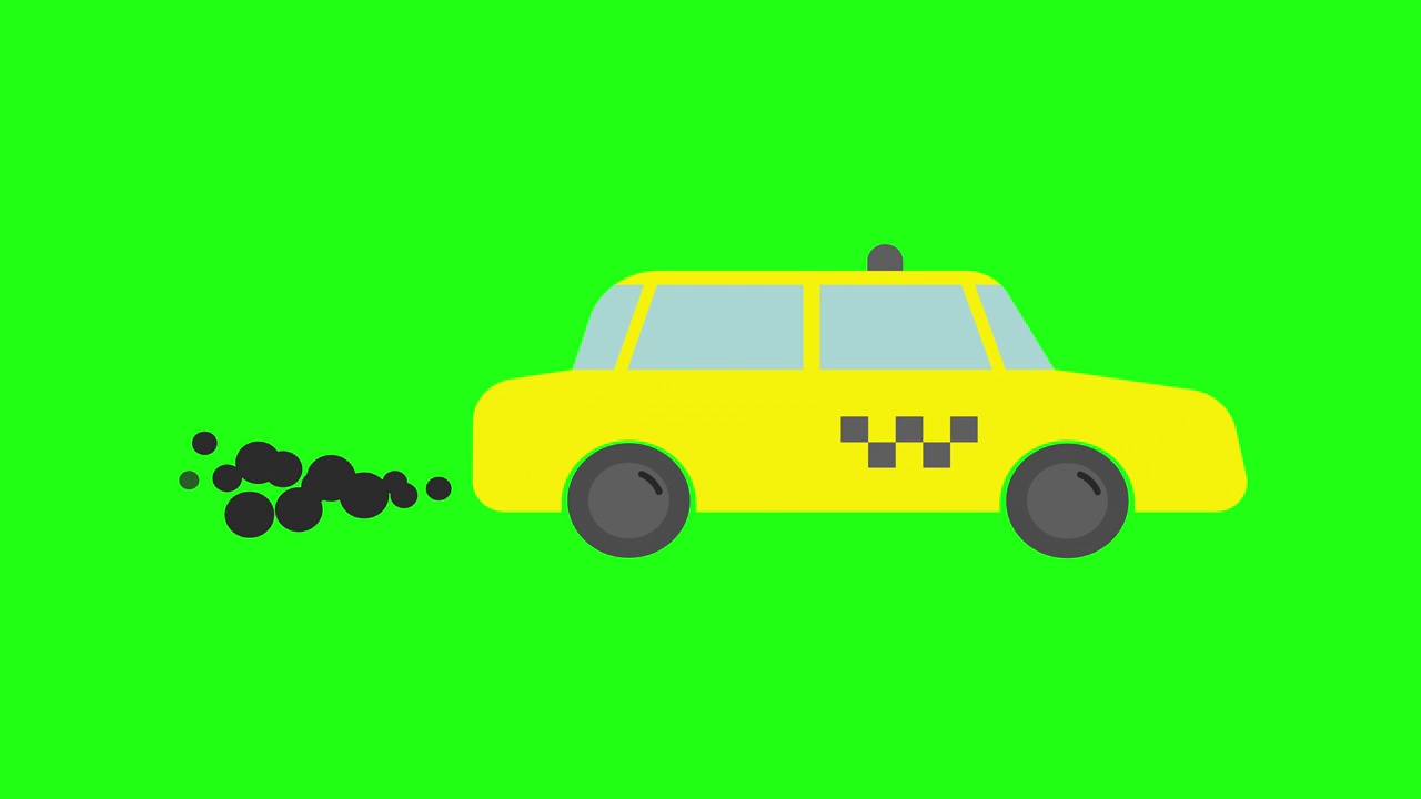 出租车。侧视图。卡通黄色出租车。汽车向前移动时，会出现尾气，然后从后面周期性地消失。排放对环境的危害。彩色键上的2D循环视频视频下载