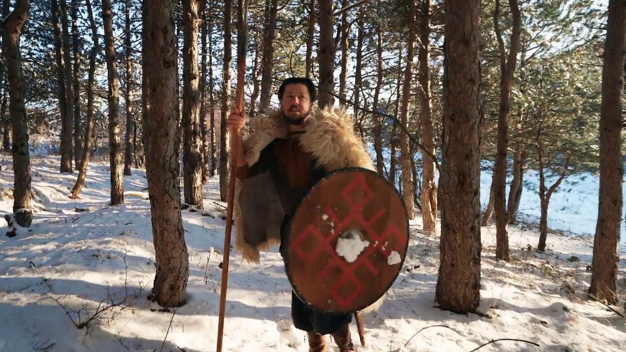 中世纪武士在森林中行走的后视图视频下载