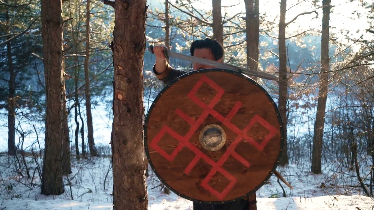 中世纪的成年战士，冬天在森林里为战争做准备视频下载
