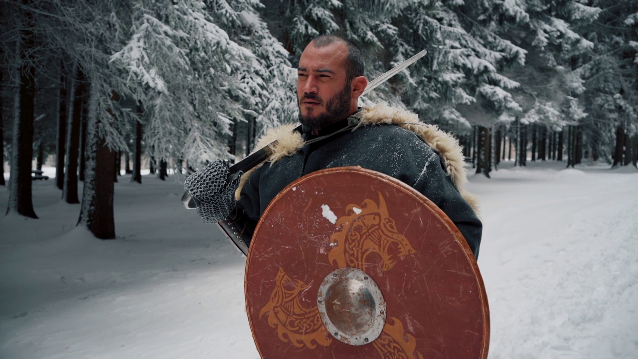 中世纪武士的肖像，在森林中手持剑和盾牌视频素材