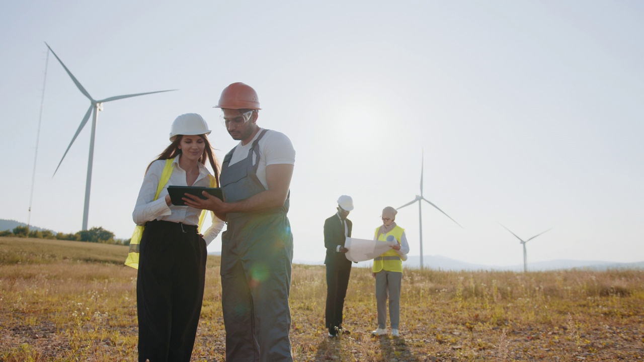 多种族产业工人戴着安全帽，用风力涡轮机控制农场绿色能源生产过程。控制风车农场工作的多种族同事视频素材