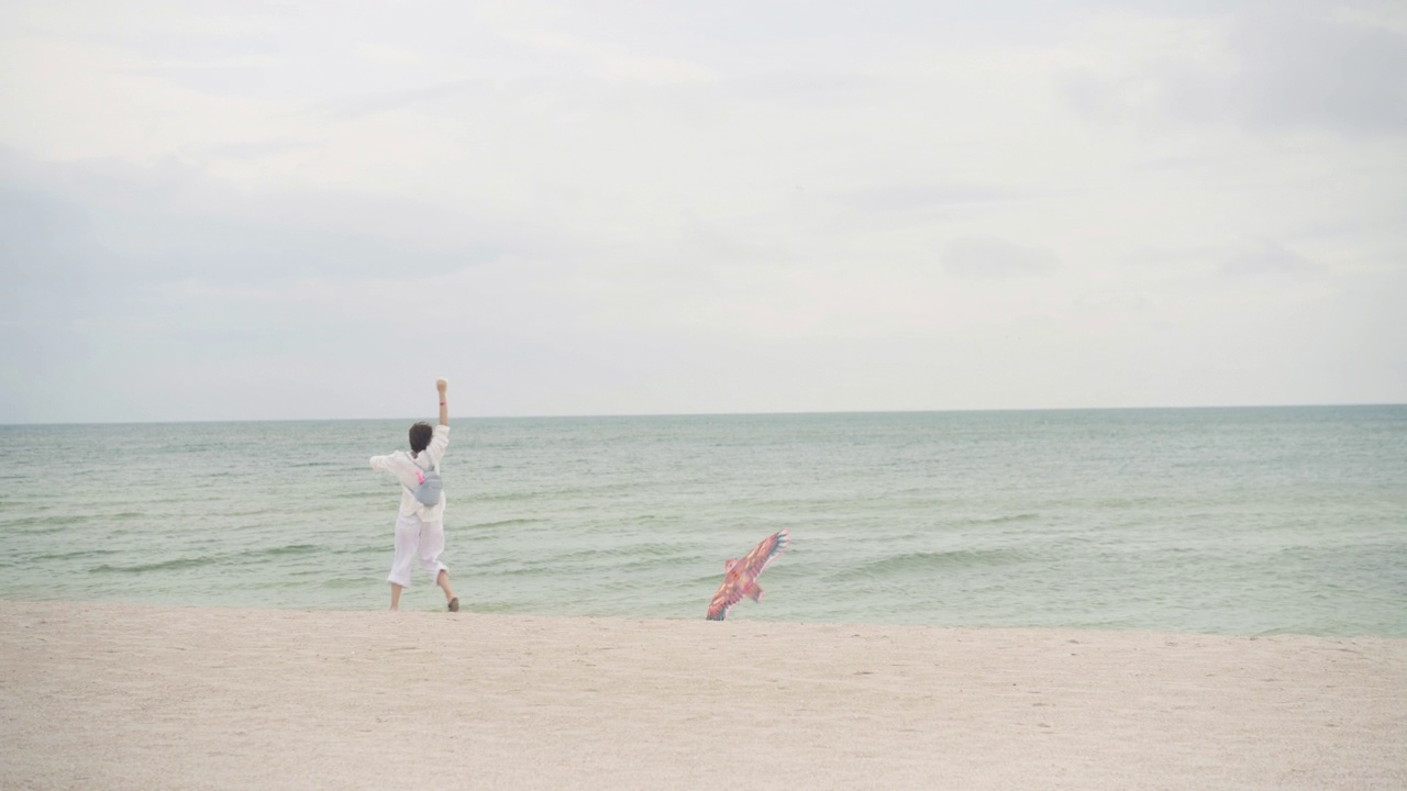 母亲和小女儿在海边玩风筝快乐的白人家庭和一个孩子在海边玩暑假视频素材