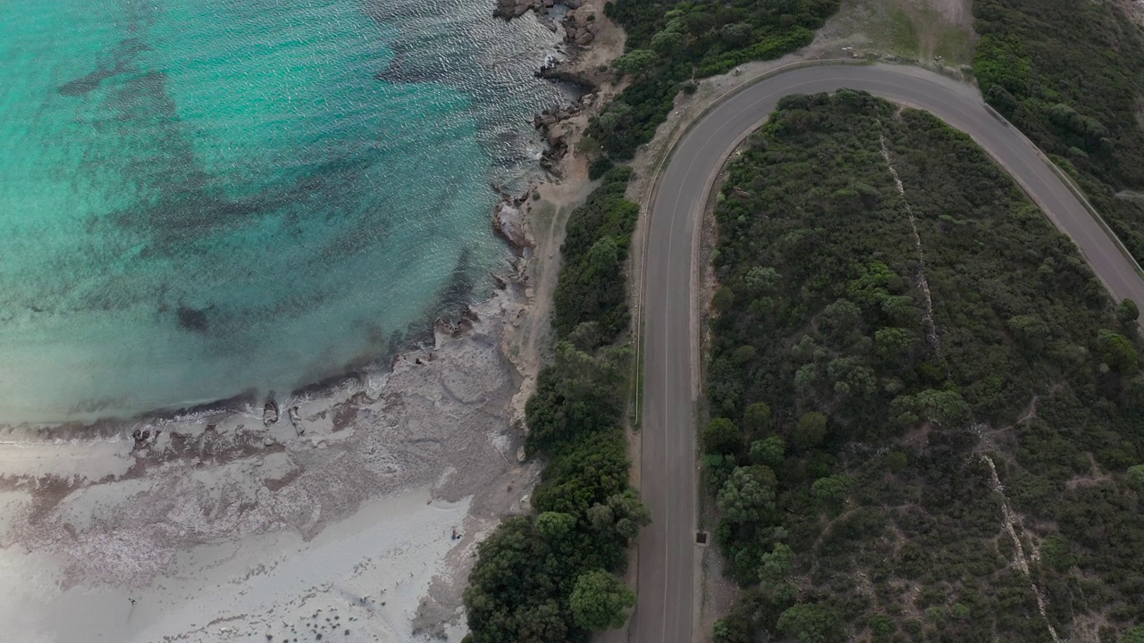 无人机正上方拍摄:沿海公路和热带海滩。鸟瞰美丽的海滨公路视频素材