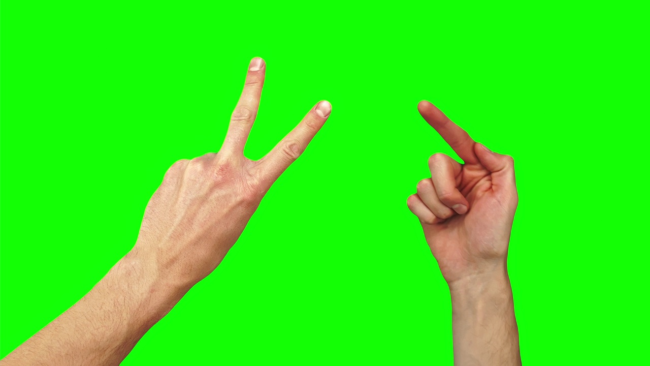 20种不同的肢体语言手势，控制白人男性手在绿色屏幕上的虚拟显示视频素材
