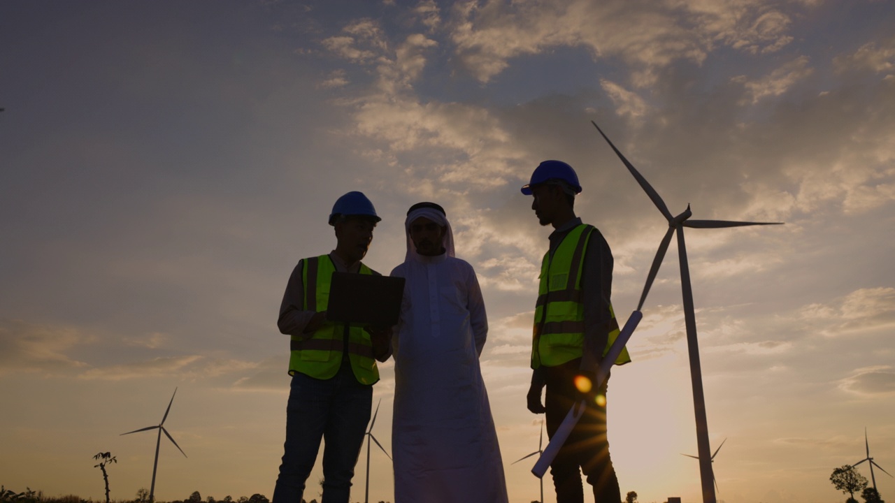蓝领工人电气工程师团队和建筑师为山区风车场建设提供咨询方案。景观设计利用风力涡轮机产生纯能源。视频下载