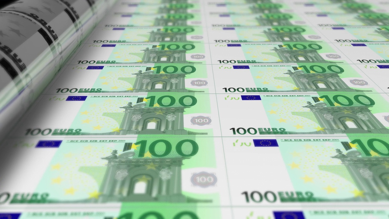 欧盟欧元印刷机打印当前100欧元纸币，无缝循环，欧盟货币货币背景，4K，焦点深度视频素材