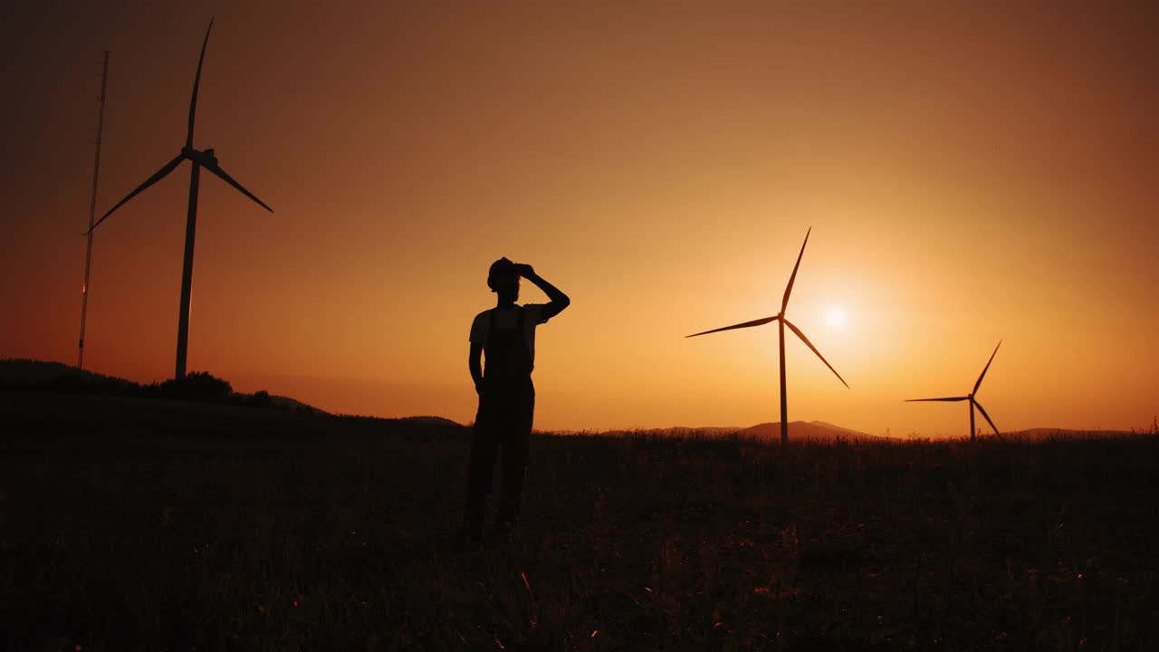 剪影非洲裔美国人站在场地上与巨大的风车在夏季日落。环境污染的概念，替代能源的新技术。风车的背景视频素材