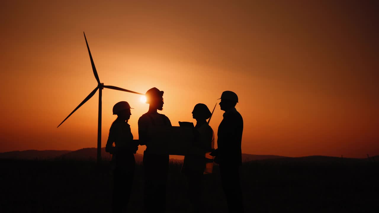 剪影国际团队的商业伙伴站在一起，在风力涡轮机和检查蓝图。一群专业人士合作生产环保能源。风力涡轮机视频素材