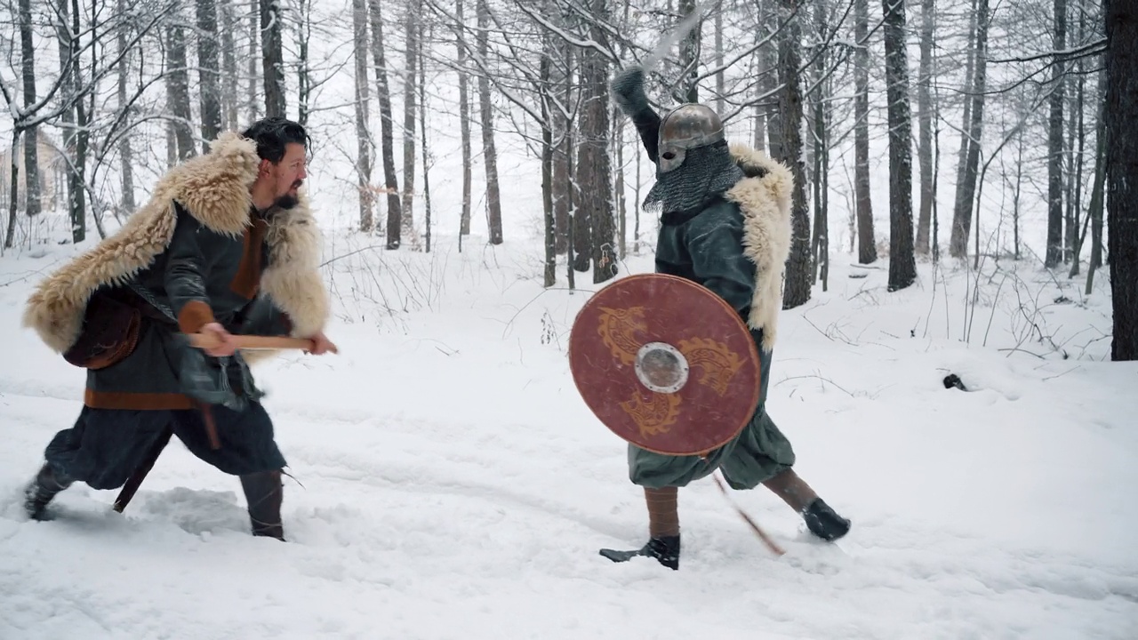 勇敢的中世纪武士和骑士，在森林里进行一场战斗视频素材