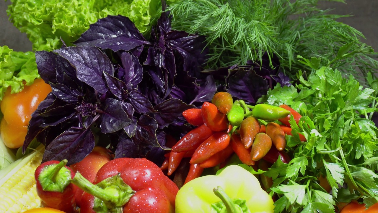 素食健康食品，蔬菜:黄瓜、番茄、辣椒等，微距摄影视频素材