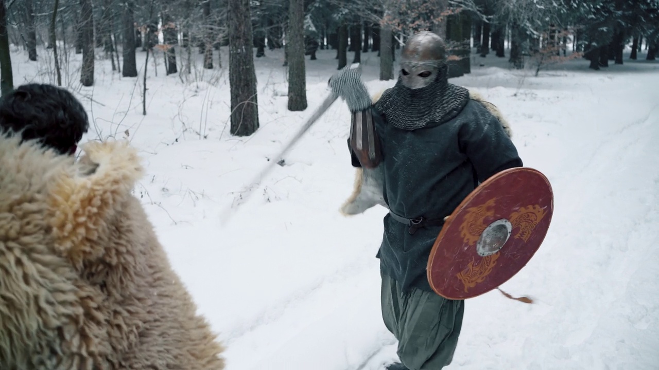 中世纪的武士和骑士，在森林里进行一场战斗视频素材