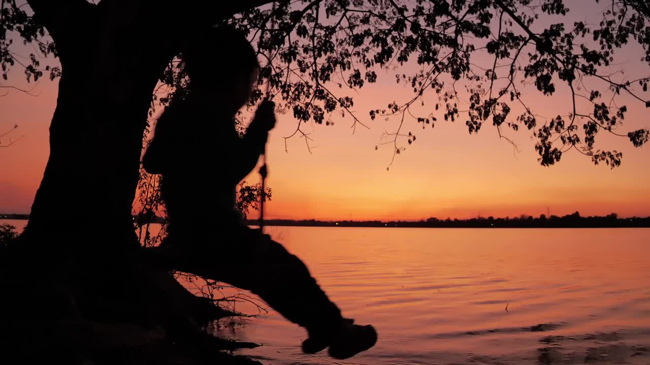 小男孩的剪影，秋千挂在夕阳下的树上。视频素材