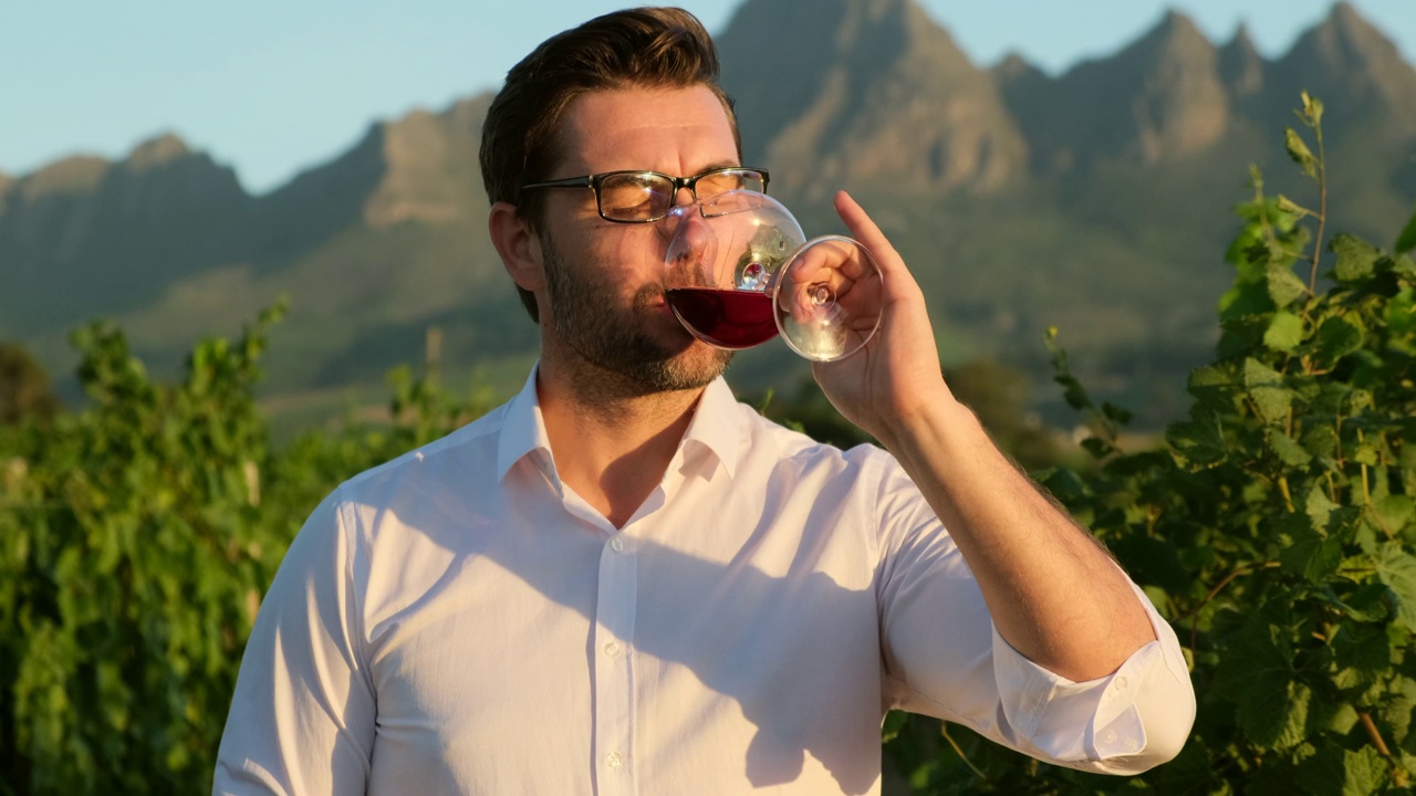 在葡萄园里，一名身穿白衬衫、戴着眼镜的男子正在用玻璃杯品尝红酒视频下载