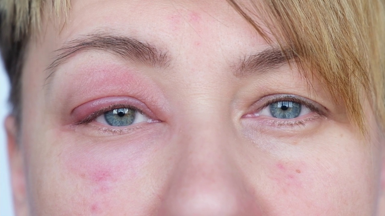 近距离的成年妇女与发炎的眼睛看着相机。视频下载