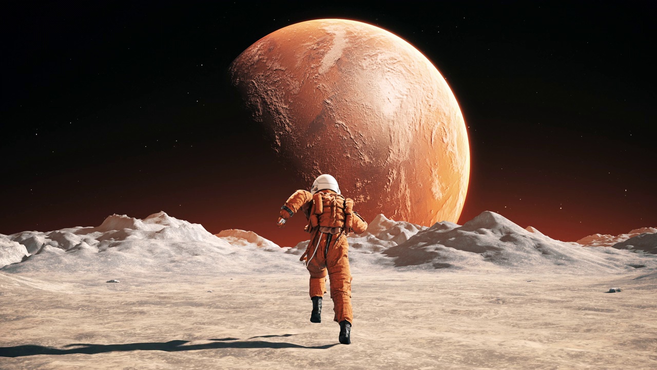穿着宇航服的男宇航员在外星球上奔跑。火星可见。视频下载