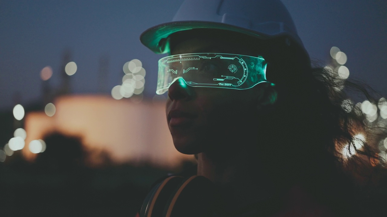 未来女工程师戴着虚拟现实眼镜在石油工厂的夜晚。视频下载