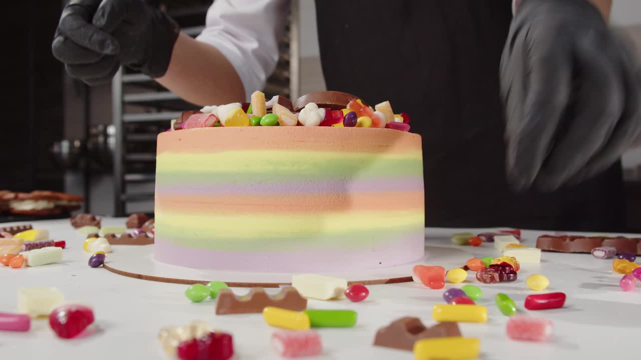 糖果商在糖果店里用糖果装饰节日蛋糕视频下载