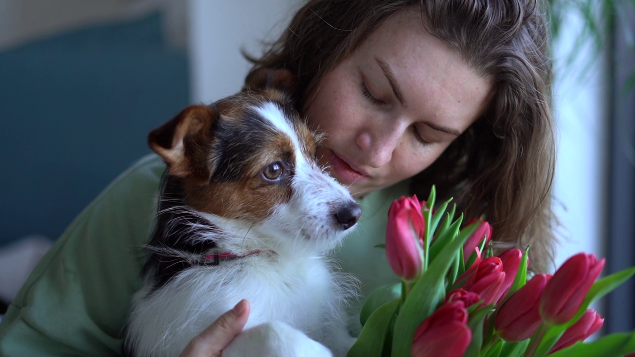 一个面带微笑的白人妇女拿着一束郁金香，坐在家里的地板上亲吻她的宠物狗。生活方式，宠物，陪伴和动物友谊的概念视频下载