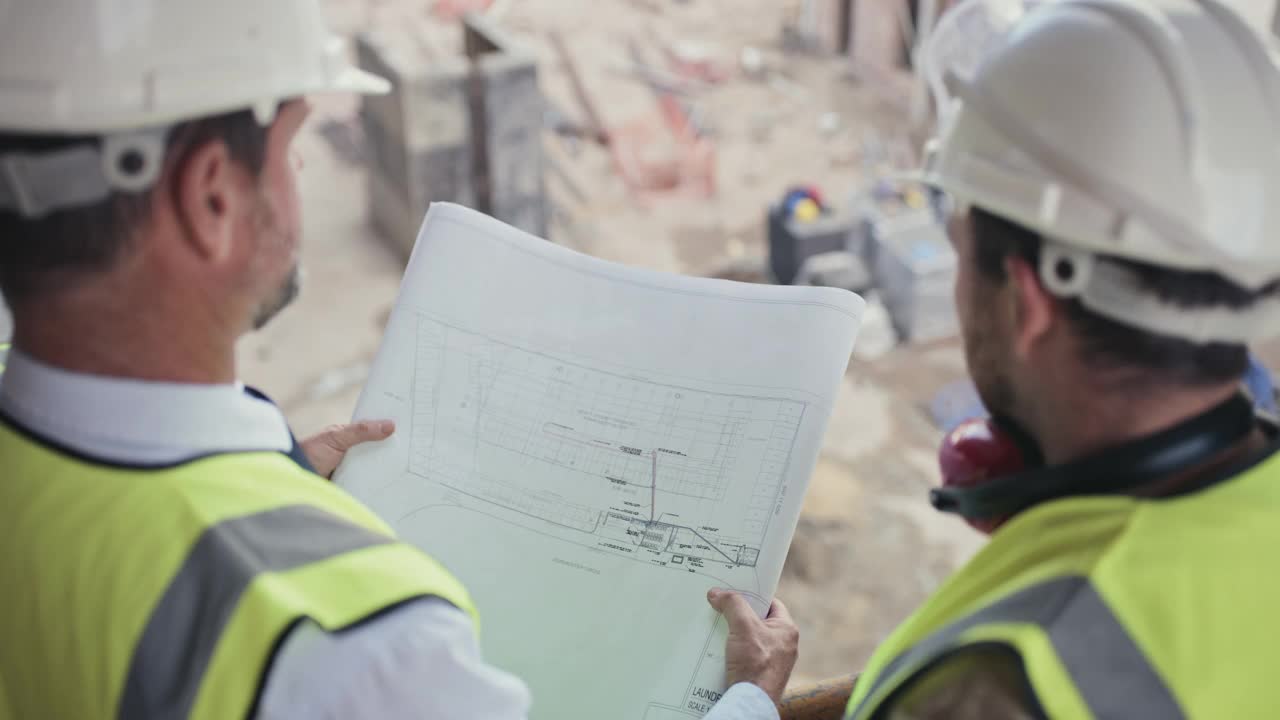 两名男子在建筑工地一起工作时看建筑图纸的4k视频视频素材