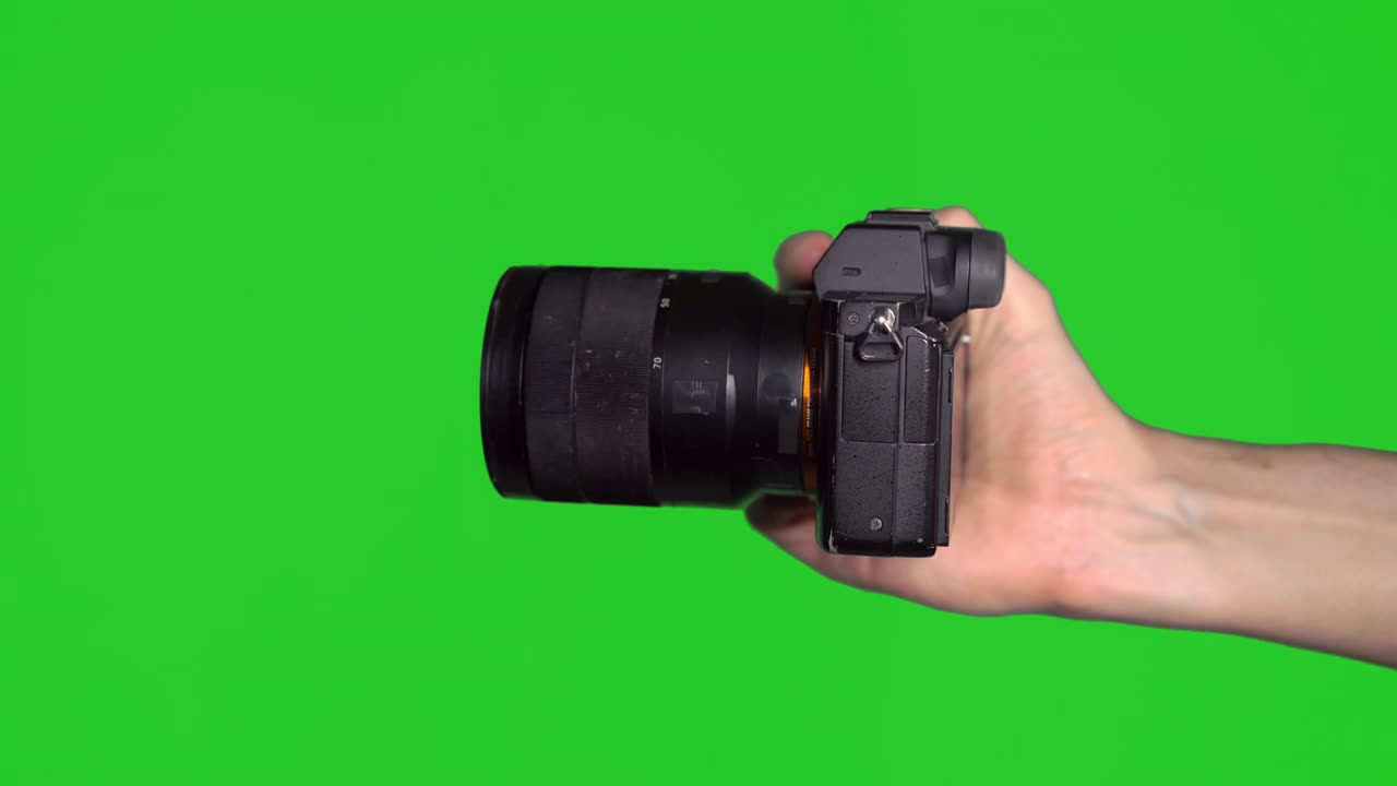 专业数码单反相机，镜头为绿色背景。色度键视频素材