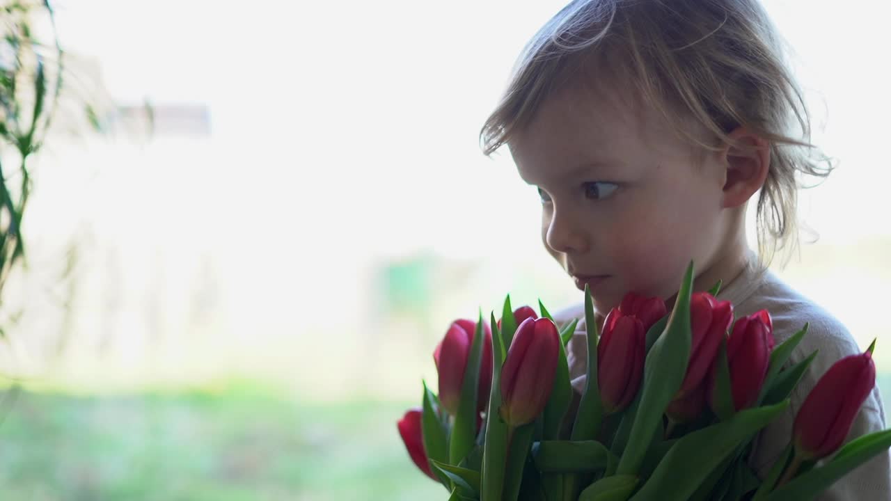 可爱的小男孩捧着一束郁金香。概念春天，节日，礼物。粉色郁金香是女性节日送给女孩的礼物。母亲节视频下载