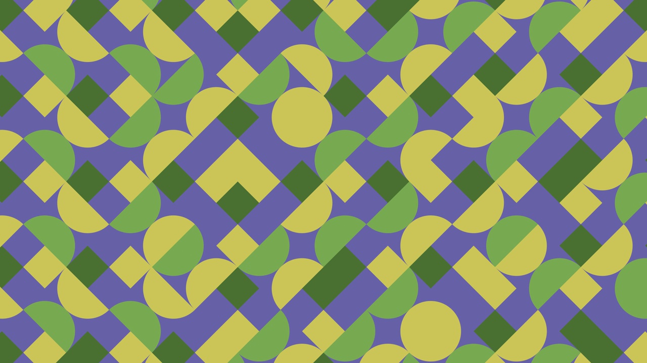 多色几何图案与紫罗兰元素。圆形瓷砖在抽象的动画马赛克。平面设计中的运动图形背景视频素材