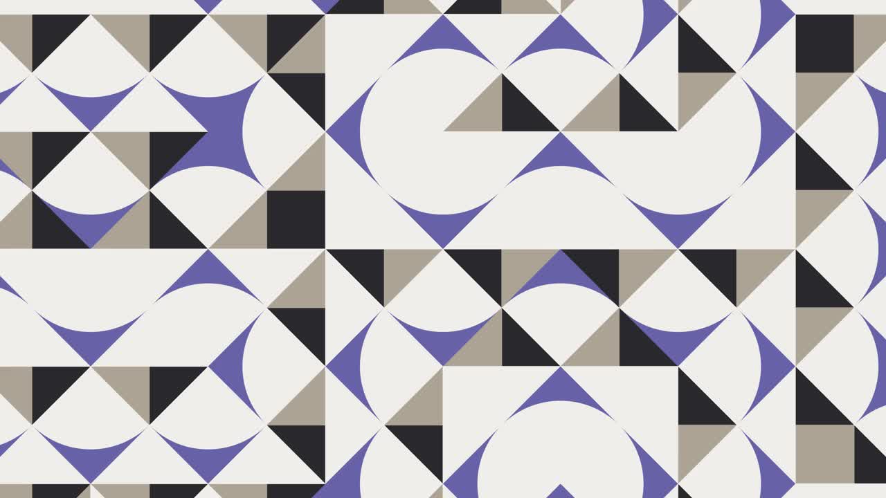 多色几何图案与紫罗兰元素。圆形瓷砖在抽象的动画马赛克。平面设计中的运动图形背景视频素材