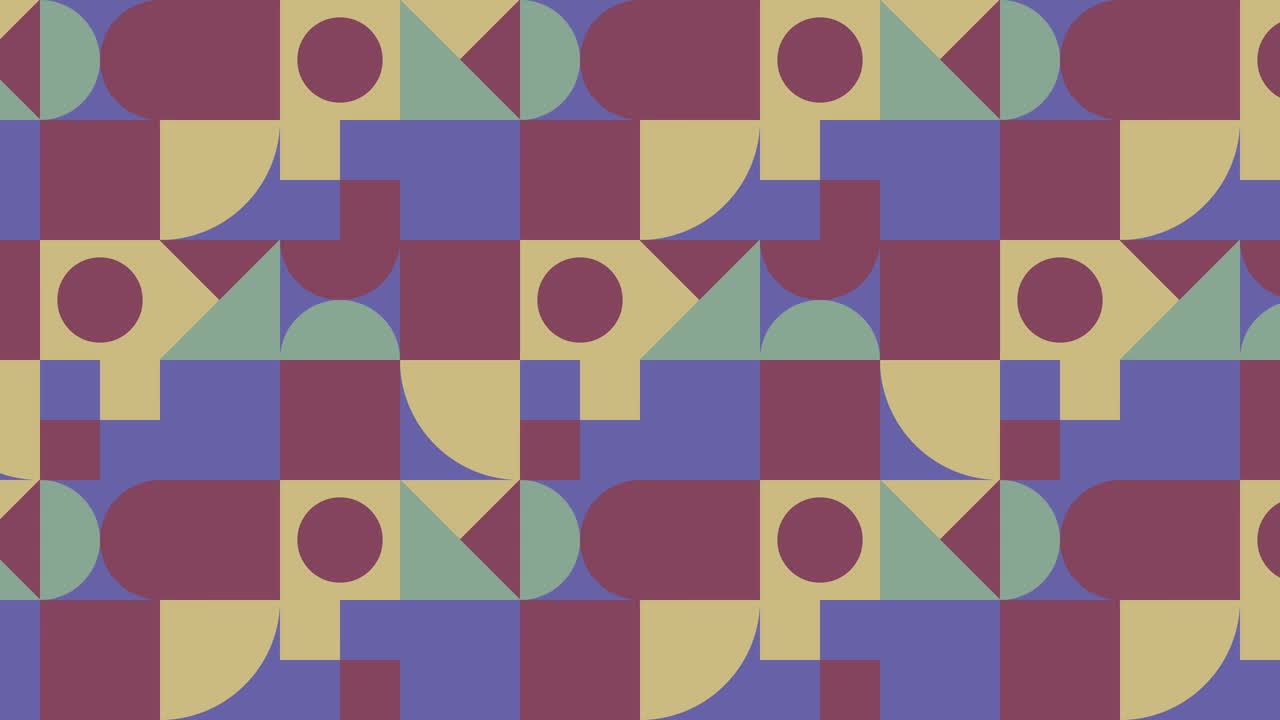 多色几何图案与非常接近的紫罗兰元素。随机瓷砖在抽象动画马赛克。运动图形背景在复古的平面设计视频素材