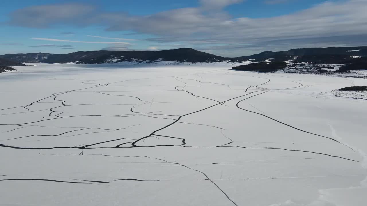 冬天空中拍摄的巴塔克水库被冰覆盖，保加利亚视频素材