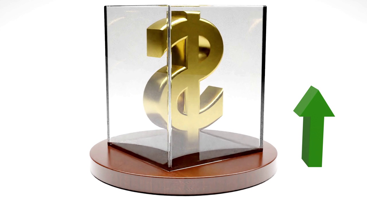 美元标志与金色旋转玻璃橱窗白色背景与绿色向上箭头。外汇货币财富金融经济概念视频下载