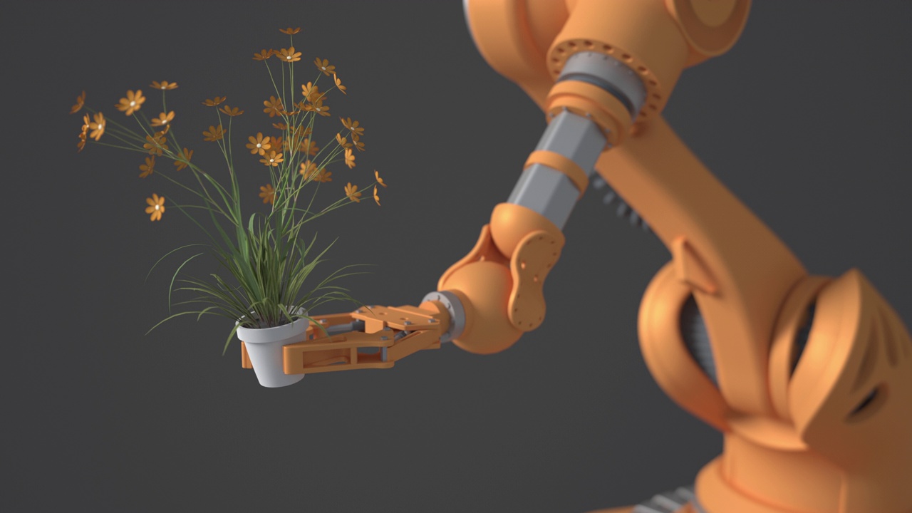 一个橙色机器人拿着一个带花的花盆。模糊的灰色背景。21、未来的理念保护绿色地球。自然保护。视频下载