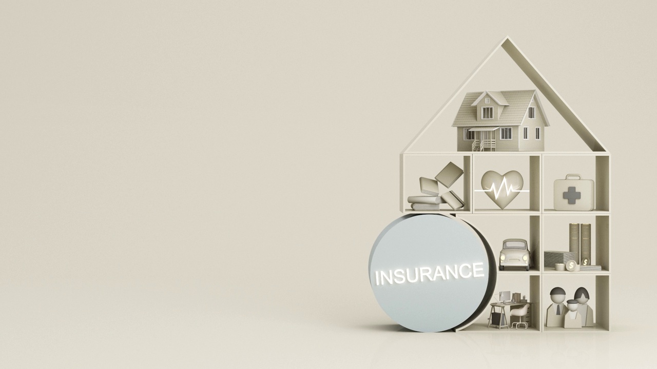三维渲染保险公司完整的保险概念。保险和保险，汽车，房地产和财产，旅游，财务，健康，家庭和生活。在蓝色背景3d动画循环视频素材