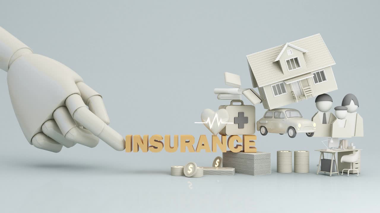 三维渲染保险公司完整的保险概念。保险和保险，汽车，房地产和财产，旅游，财务，健康，家庭和生活。在蓝色背景3d动画循环视频素材