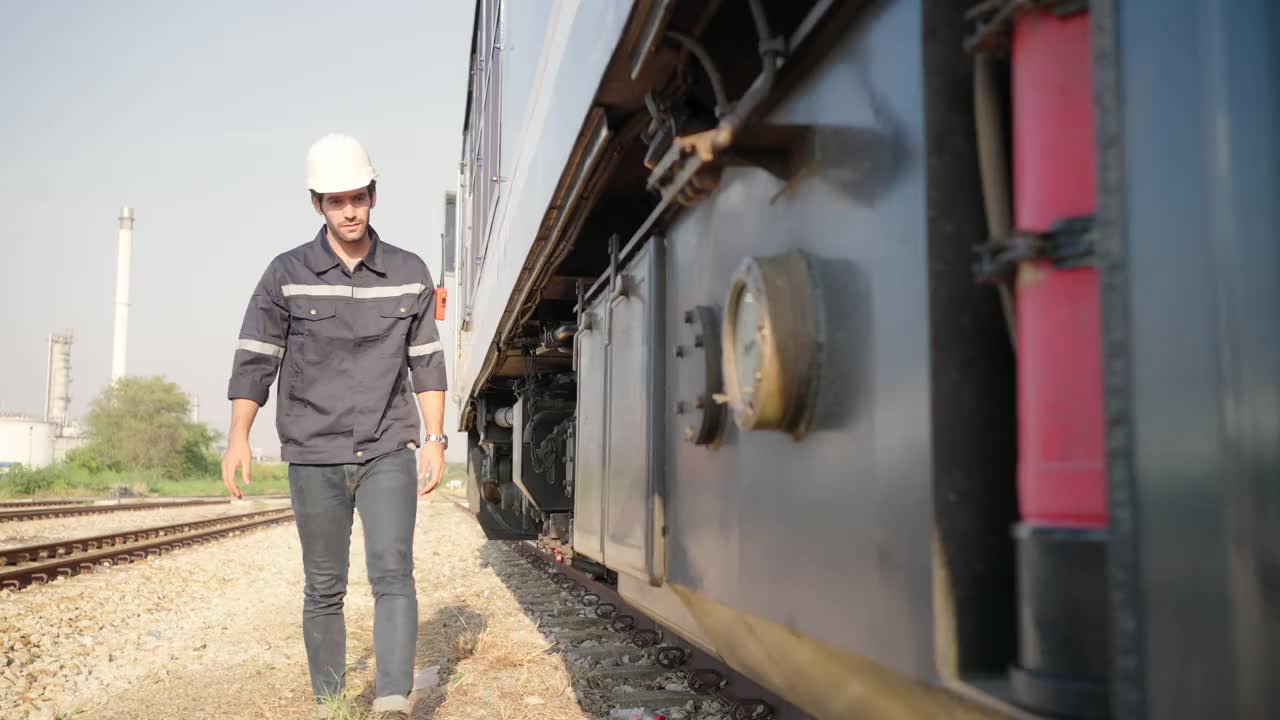 白人或中东工程师在火车上检查和工作。视频下载