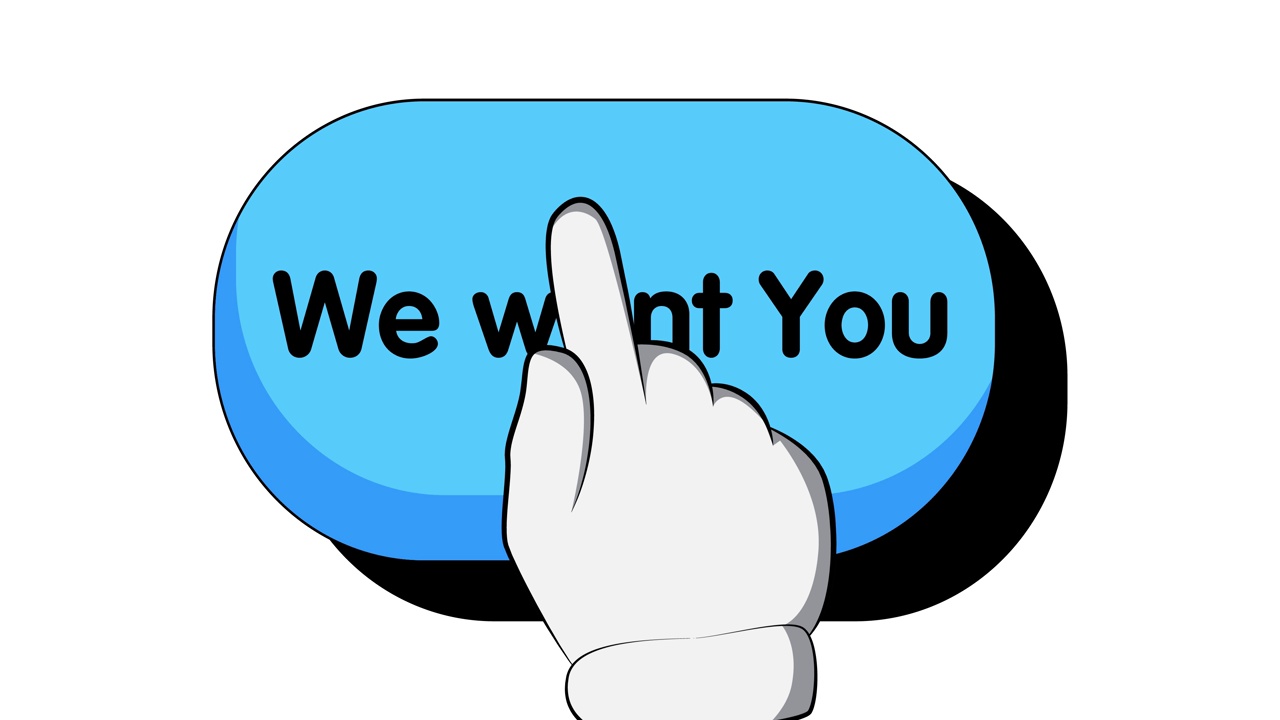 招牌上写着"我们要你"短信。手按食指按按钮。视频素材