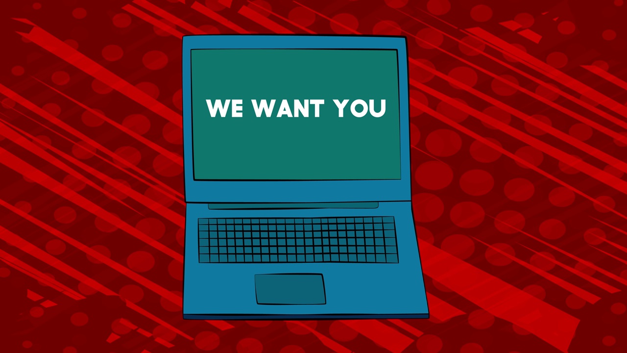 屏幕上有"我们要你"字样的笔记本电脑。4k漫画风格的动画。视频素材