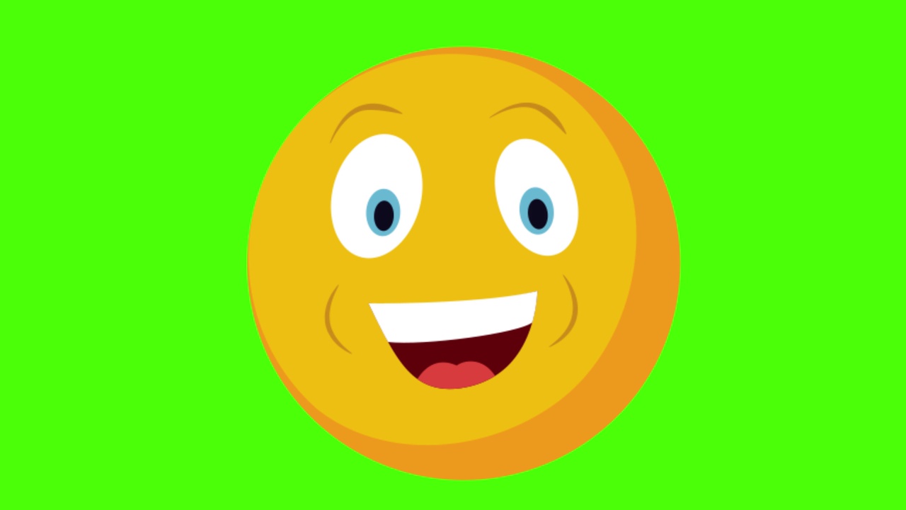 3D动画的黄色圆形的脸与一个大牙齿的微笑在绿色的背景视频下载