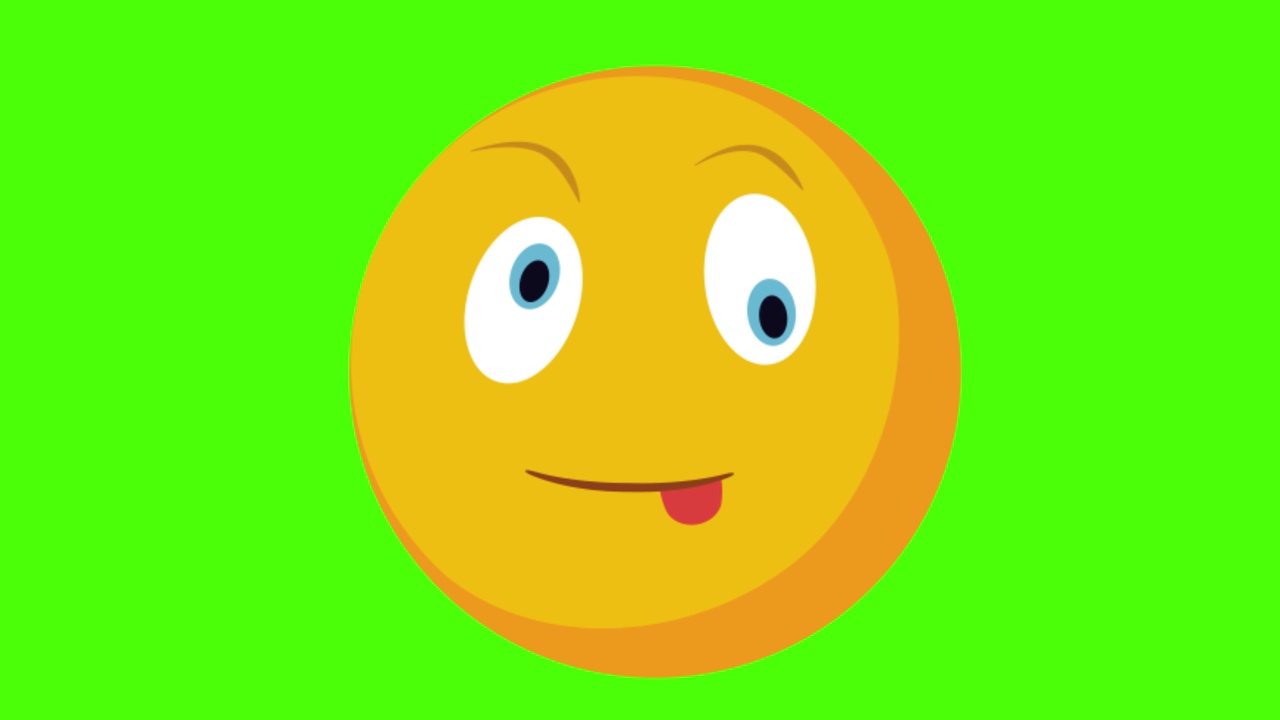 一个疯狂的黄色圆形表情脸在绿色背景上的3D动画视频素材