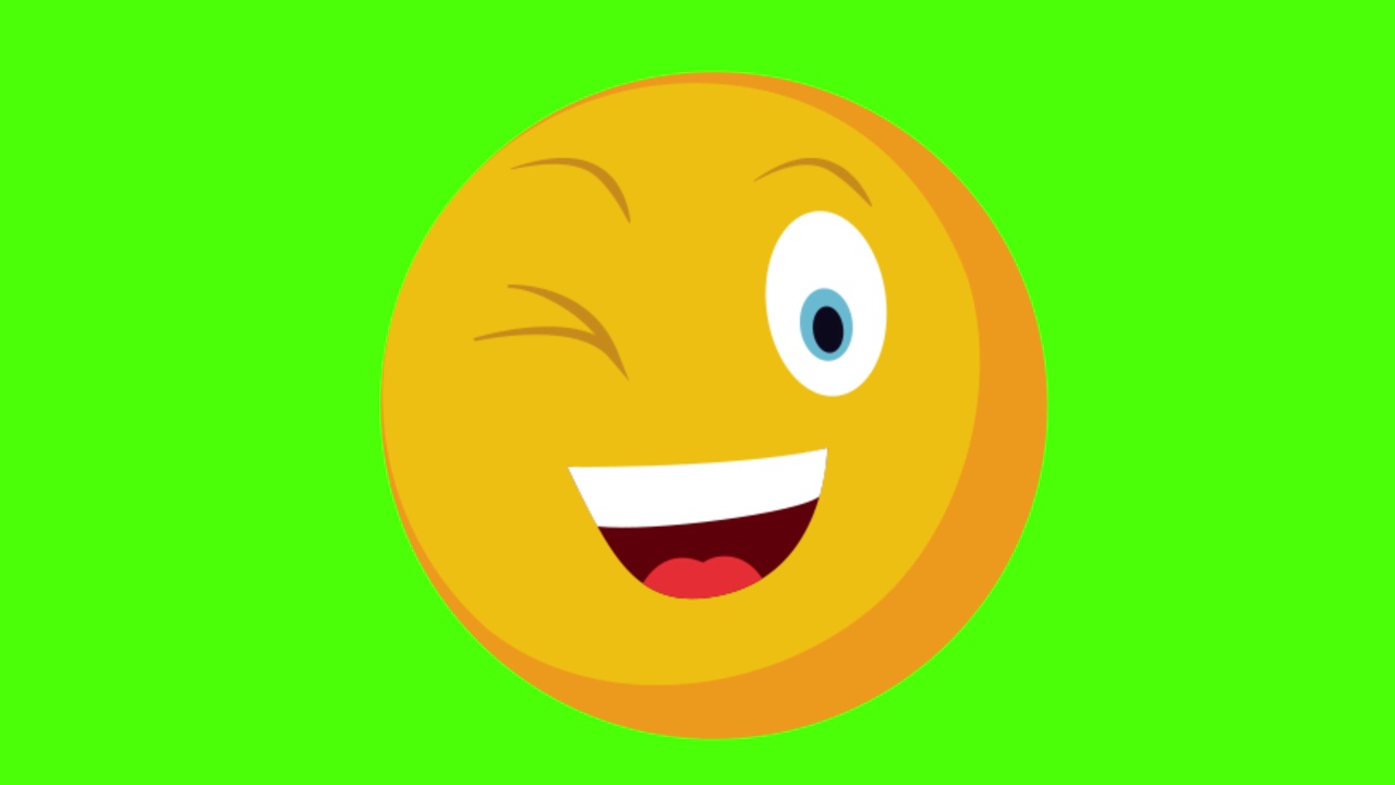 一个黄色的圆形脸在绿色的背景上微笑和眨眼的3D动画视频素材