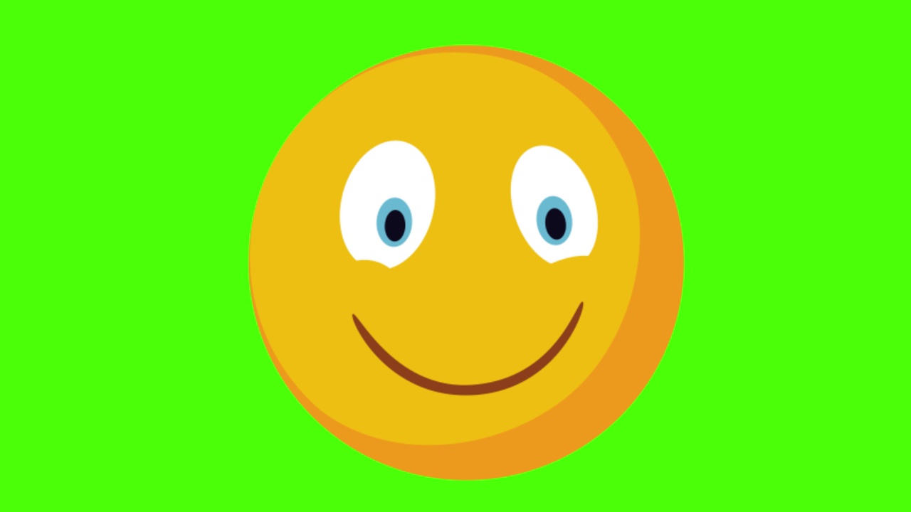 一个黄色的圆形脸在绿色背景上微笑的3D动画视频素材