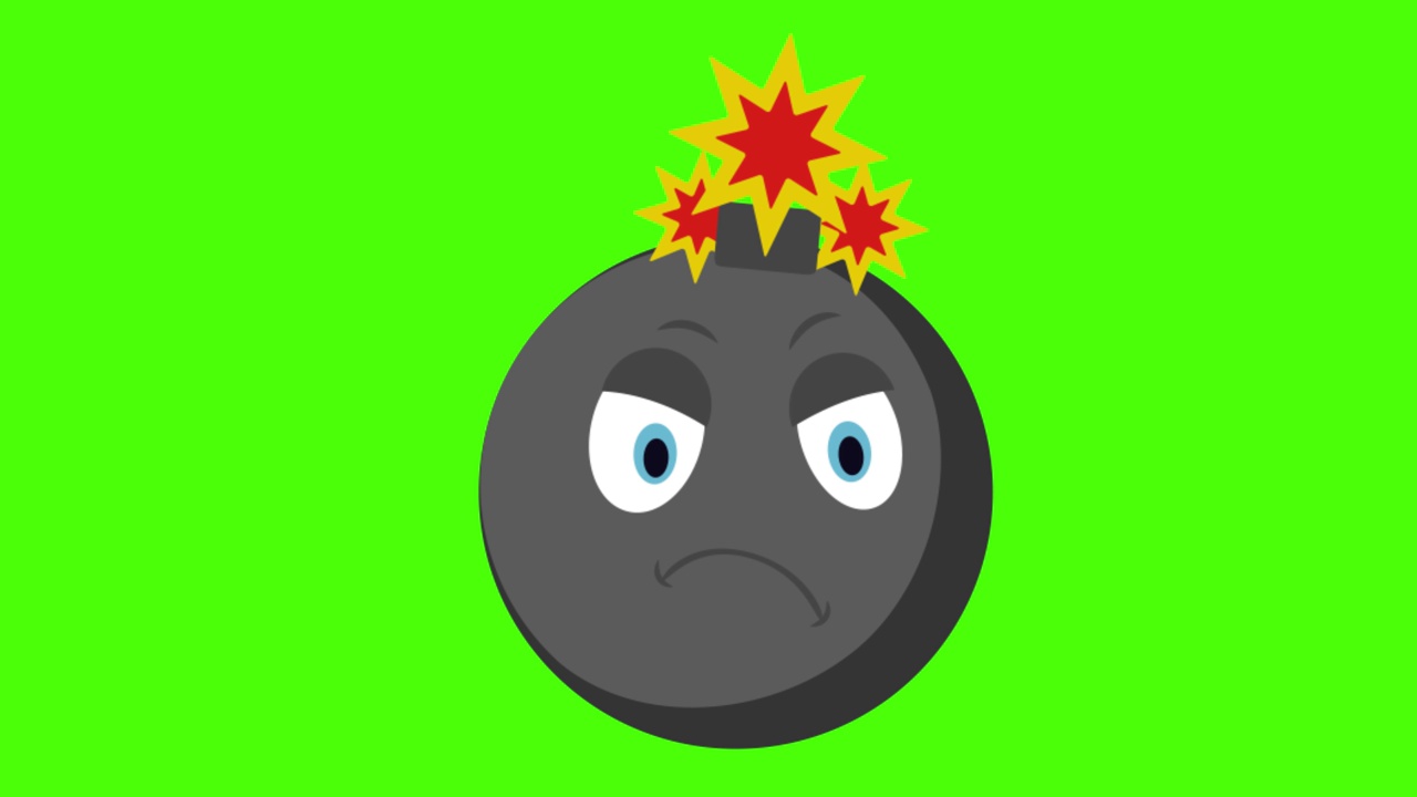 绿色背景上愤怒的黑色圆形炸弹表情符号脸的3D动画视频素材