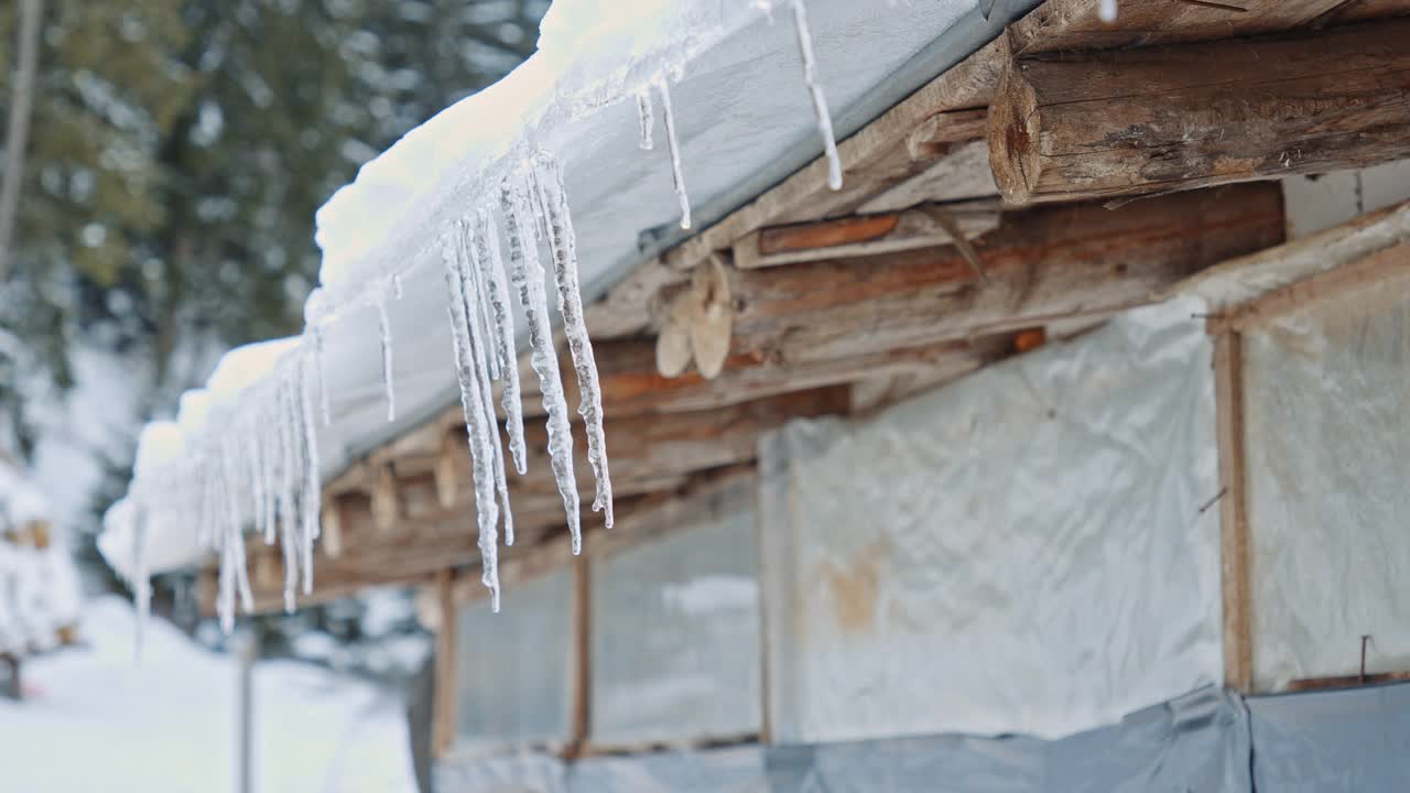 羊养殖。一牲畜牧场的谷仓屋顶上的冰帽正在融化。冬天近了。视频下载